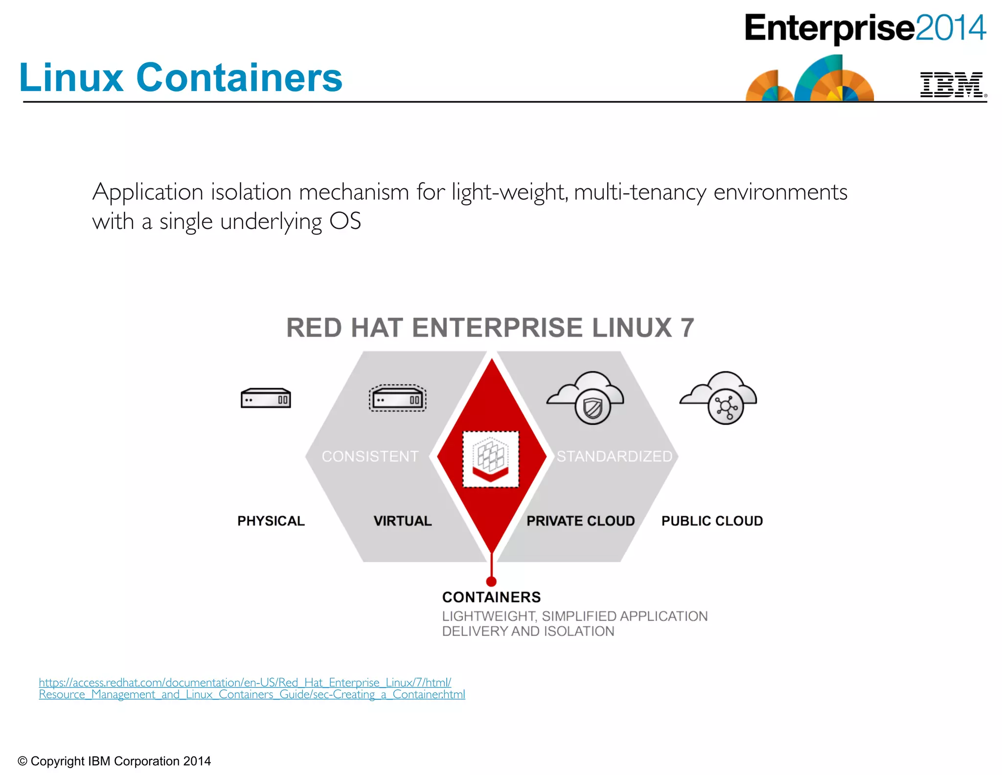 © Copyright IBM Corporation 2014
Linux Containers
Application isolation mechanism for light-weight, multi-tenancy environments
with a single underlying OS
https://access.redhat.com/documentation/en-US/Red_Hat_Enterprise_Linux/7/html/
Resource_Management_and_Linux_Containers_Guide/sec-Creating_a_Container.html
 