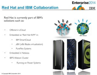 © Copyright IBM Corporation 2014
Red Hat and IBM Collaboration
• Offered in zCloud	

• Embedded as “Red Hat KVM” in:	

• IBM SmartCloud	

• zBX (x86 Blades virtualization)	

• PureFlex Systems	

• Embedded in Netezza 	

• IBM’s Watson Cluster	

• Running on Power Systems
Red Hat is currently part of IBM’s
solutions such as:
 