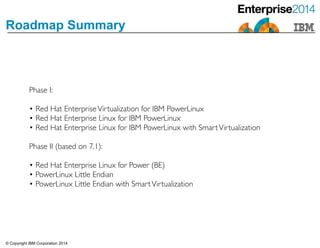 © Copyright IBM Corporation 2014
Roadmap Summary
Phase I: 	

!
• Red Hat EnterpriseVirtualization for IBM PowerLinux 	

• Red Hat Enterprise Linux for IBM PowerLinux 	

• Red Hat Enterprise Linux for IBM PowerLinux with SmartVirtualization	

!
Phase II (based on 7.1): 	

!
• Red Hat Enterprise Linux for Power (BE)	

• PowerLinux Little Endian	

• PowerLinux Little Endian with SmartVirtualization
 