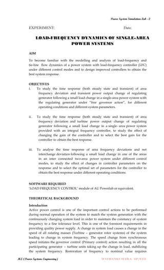 POWER SYSTEM SIMULATION - 2 LAB MANUAL (ELECTRICAL ENGINEERING - POWER ...