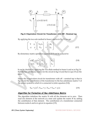 M.E (Power Systems Engineering) MATHANKUMAR.S, AP/EEE
Im
K Ik y/a m
Vk y/a {(1/a)-1}
y {1-(1/a)} Vm
Fig.3.4 Equivalent Circuit for Transformer with Off – Nominal tap.
By applying the two-rule method to buses t and m in Fig.3.3 we get
Y -y Vk/a aIk
-y y Vm = Im (3.7)
By elementary matrix operation equation (3.7) can be reduced to
y/a2
-y/a Vk Ik (3.8)
-y/a y Vm = Im
It can be checked by applying the Two-Rule method to buses k and m in Fig.3.4
that the bus admittance matrix for the circuit in fig.3.4 and that in eqn.3.8 are the
same.
Hence the π-equivalent circuit for transformer with off – nominal tap is that in
fig.3.4 and the contribution of the transformer to the bus admittance matrix Y of
the power system to which it is connected is (refer equation (3.8))
Ykk = y/a2
; Ymm = y ; Ykm = Ymk = -y/a (3.9)
Algorithm for Formation of Bus Admittance Matrix
The algorithm initializes the matrix Y with all the elements set to zero. Then
read one element of the network at a time and update the matrix Y by adding
the contribution of that element. The contribution of a transformer connected
between nodes k and m is given in equation (3.9).
 
