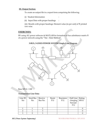 M.E (Power Systems Engineering) MATHANKUMAR.S, AP/EEE
III. Output Section:
To create an output file in a report form comprising the following:
(i) Student Information :
(ii) Input Data with proper headings :
(iii) Results with proper headings: Element value (in per unit) of Y printed
row wise.
EXERCISES:
BY using AU power software & MATLAB for formation of bus admittance matrix Y
of a power network using the “Two – Rule Method”.
3-BUS, 3-LINES POWER SYSTEM Single-Line Diagram
Base MVA = 100
Transmission Line Data:
Line ID.
No
Send Bus
No.
Receive
Bus No.
Resist
P.U
Reactance
P.U.
Half Line
charging
Suscept.
P.U
Rating
MVA
1 1 2 0
2 1 3 0
3 2 3 0
1
1
2
2
3
3
 