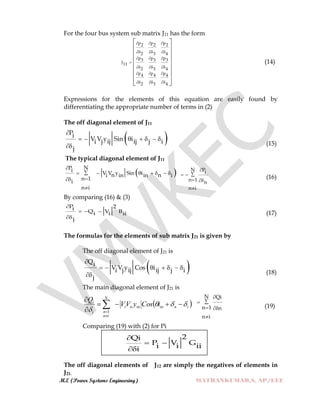M.E (Power Systems Engineering) MATHANKUMAR.S, AP/EEE
For the four bus system sub matrix J11 has the form
p p p2 2 2
2 3 4
p p p3 3 3
J11
2 3 4
p p p4 4 4
2 3 4
  
  
  

  
  
  
 
 
 
 
 
 
 
 
(14)
Expressions for the elements of this equation are easily found by
differentiating the appropriate number of terms in (2)
The off diagonal element of J11
 Pi
V V y Sin ii j ij ij j i
j

      
 (15)
The typical diagonal element of J11
 
NPi
V V y Sin in ni in in i
n 1
i
n i

      


N Pi
n 1 n
n i

 
 

(16)
By comparing (16) & (3)
P 2i
Q V Bi i ii
j

  

(17)
The formulas for the elements of sub matrix J21 is given by
The off diagonal element of J21 is
 Qi
V V y Cos ii j ij ij j i
j

      
 (18)
The main diagonal element of J21 is
 inininni
N
in
ni
i
iCosyVV
Q







1
N Qi
n 1 n
n i


 

(19)
Comparing (19) with (2) for Pi
]
(20)
The off diagonal elements of J12 are simply the negatives of elements in
J21.
2Qi
P V Gi i iii

 

 