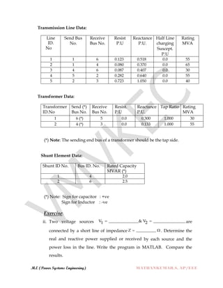 M.E (Power Systems Engineering) MATHANKUMAR.S, AP/EEE
Transmission Line Data:
Line
ID.
No
Send Bus
No.
Receive
Bus No.
Resist
P.U
Reactance
P.U.
Half Line
charging
Suscept.
P.U
Rating
MVA
1 1 6 0.123 0.518 0.0 55
2 1 4 0.080 0.370 0.0 65
3 4 6 0.087 0.407 0.0 30
4 5 2 0.282 0.640 0.0 55
5 2 3 0.723 1.050 0.0 40
Transformer Data:
Transformer
ID.No
Send (*)
Bus No.
Receive
Bus No.
Resist.
P.U
Reactance
P.U.
Tap Ratio Rating
MVA
1 6 (*) 5 0.0 0.300 1.000 30
2 4 (*) 3 0.0 0.133 1.000 55
(*) Note: The sending end bus of a transformer should be the tap side.
Shunt Element Data:
Shunt ID No. Bus ID. No. Rated Capacity
MVAR (*)
1 4 2.0
2 6 2.5
(*) Note: Sign for capacitor : +ve
Sign for Inductor : -ve
Exercise:
ii. Two voltage sources V _______________& V ________________1 2  are
connected by a short line of impedance Z __________  . Determine the
real and reactive power supplied or received by each source and the
power loss in the line. Write the program in MATLAB. Compare the
results.
 