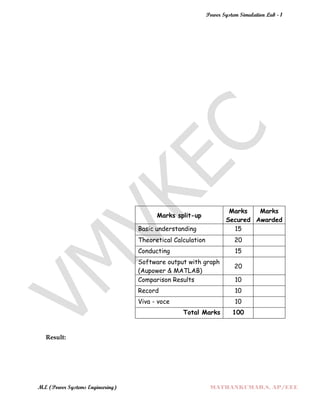 Power System Simulation Lab - 1
M.E (Power Systems Engineering) MATHANKUMAR.S, AP/EEE
Result:
Marks split-up
Marks
Secured
Marks
Awarded
Basic understanding 15
Theoretical Calculation 20
Conducting 15
Software output with graph
(Aupower & MATLAB)
20
Comparison Results 10
Record 10
Viva - voce 10
Total Marks 100
 