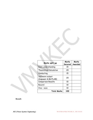 M.E (Power Systems Engineering) MATHANKUMAR.S, AP/EEE
Result:
Marks split-up
Marks
Secured
Marks
Awarded
Basic understanding 15
Theoretical Calculation 20
Conducting 15
Software output
(Aupower & MATLAB)
20
Comparison Results 10
Record 10
Viva - voce 10
Total Marks 100
 