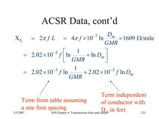 3/5/2007 459 Chapter 4 Transmission lines and cables 121
ACSR Data, cont’d
7
L
3
3 3
X 2 4 10 ln 1609 /mile
1
2.02 10 ln ln
1
2.02 10 ln 2.02 10 ln
m
m
m
D
f L f
GMR
f D
GMR
f f D
GMR
π π −
−
− −
= = × × Ω
⎡ ⎤= × +⎢ ⎥⎣ ⎦
= × + ×
Term from table assuming
a one foot spacing
Term independent
of conductor with
Dm in feet.
 