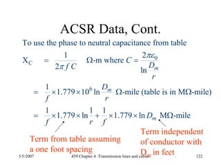 3/5/2007 459 Chapter 4 Transmission lines and cables 122
ACSR Data, Cont.
0
C
6
To use the phase to neutral capacitance from table
21
X -m where
2 ln
1
1.779 10 ln -mile (table is in M -mile)
1 1 1
1.779 ln 1.779 ln M -mile
m
m
m
C
Df C
r
D
f r
D
f r f
πε
π
= Ω =
= × × Ω Ω
= × × + × × Ω
Term from table assuming
a one foot spacing
Term independent
of conductor with
Dm in feet.
 