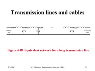 3/5/2007 459 Chapter 4 Transmission lines and cables 50
Transmission lines and cables
Sending
end
Receiving
end
···
Figure 4.48 Equivalent network for a long transmission line.
 