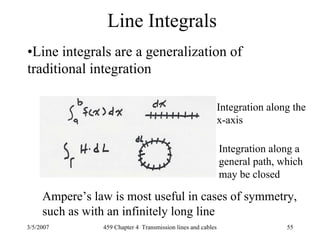 3/5/2007 459 Chapter 4 Transmission lines and cables 55
Line Integrals
•Line integrals are a generalization of
traditional integration
Integration along the
x-axis
Integration along a
general path, which
may be closed
Ampere’s law is most useful in cases of symmetry,
such as with an infinitely long line
 