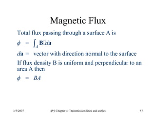 3/5/2007 459 Chapter 4 Transmission lines and cables 57
Magnetic Flux
Total flux passing through a surface A is
=
= vector with direction normal to the surface
If flux density B is uniform and perpendicular to an
area A then
=
A
d
d
BA
φ
φ
∫ B a
a
 