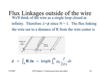 3/5/2007 459 Chapter 4 Transmission lines and cables 65
Flux Linkages outside of the wire
R
0A r
We'll think of the wire as a single loop closed at
infinity. Therefore = since N = 1. The flux linking
the wire out to a distance of R from the wire center is
d length
2
I
dx
x
λ φ
φ μ
π
= =∫ ∫B a
 