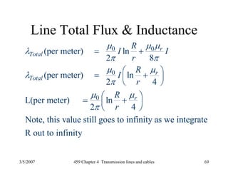 3/5/2007 459 Chapter 4 Transmission lines and cables 69
Line Total Flux & Inductance
0 0
0
0
(per meter) ln
2 8
(per meter) ln
2 4
L(per meter) ln
2 4
Note, this value still goes to infinity as we integrate
R out to infinity
r
Total
r
Total
r
R
I I
r
R
I
r
R
r
μ μ μ
λ
π π
μ μ
λ
π
μ μ
π
= +
⎛ ⎞= +⎜ ⎟
⎝ ⎠
⎛ ⎞= +⎜ ⎟
⎝ ⎠
 