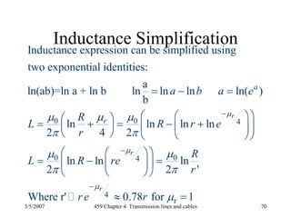 3/5/2007 459 Chapter 4 Transmission lines and cables 70
Inductance Simplification
0 0 4
0 4
Inductance expression can be simplified using
two exponential identities:
a
ln(ab)=ln a + ln b ln ln ln ln( )
b
ln ln ln ln
2 4 2
ln ln
2
r
r
a
r
a b a e
R
L R r e
r
L R re
μ
μ
μ μμ
π π
μ
π
−
−
= − =
⎛ ⎞⎛ ⎞⎛ ⎞= + = − +⎜ ⎟ ⎜ ⎟⎜ ⎟
⎝ ⎠ ⎝ ⎠⎝ ⎠
⎛ ⎞⎛ ⎞
= −⎜ ⎜ ⎟
⎝ ⎠⎝ ⎠
0
4
r
ln
2 '
Where r' 0.78 for 1
r
R
r
re r
μ
μ
π
μ
−
=⎟
≈ =
 