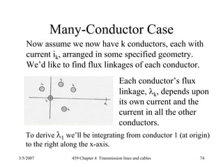 3/5/2007 459 Chapter 4 Transmission lines and cables 74
Many-Conductor Case
Now assume we now have k conductors, each with
current ik, arranged in some specified geometry.
We’d like to find flux linkages of each conductor.
Each conductor’s flux
linkage, λk, depends upon
its own current and the
current in all the other
conductors.
To derive λ1 we’ll be integrating from conductor 1 (at origin)
to the right along the x-axis.
 