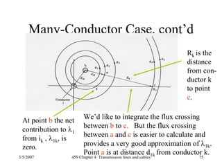 3/5/2007 459 Chapter 4 Transmission lines and cables 75
Many-Conductor Case, cont’d
At point b the net
contribution to λ1
from ik , λ1k, is
zero.
We’d like to integrate the flux crossing
between b to c. But the flux crossing
between a and c is easier to calculate and
provides a very good approximation of λ1k.
Point a is at distance d1k from conductor k.
Rk is the
distance
from con-
ductor k
to point
c.
 