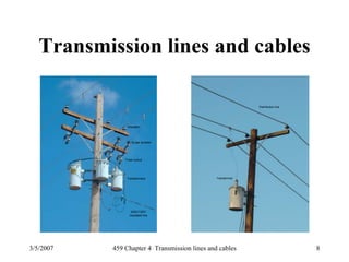 3/5/2007 459 Chapter 4 Transmission lines and cables 8
Transmission lines and cables
Distribution line
Transformer
240V/120V
insulated line
Transformers
Fuse cutout
Surge arrester
Insulator
 