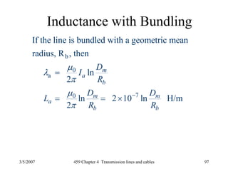 3/5/2007 459 Chapter 4 Transmission lines and cables 97
Inductance with Bundling
b
0
a
70
If the line is bundled with a geometric mean
radius, R , then
ln
2
ln 2 10 ln H/m
2
m
a
b
m m
a
b b
D
I
R
D D
L
R R
μ
λ
π
μ
π
−
=
= = ×
 