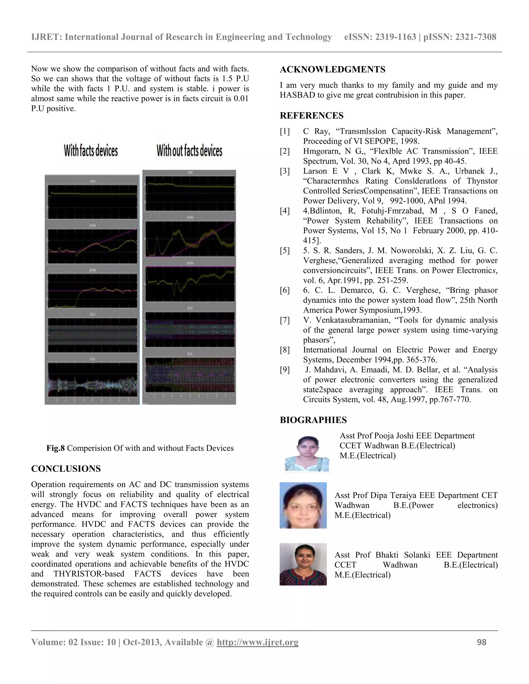 IJRET: International Journal of Research in Engineering and Technology eISSN: 2319-1163 | pISSN: 2321-7308
__________________________________________________________________________________________
Volume: 02 Issue: 10 | Oct-2013, Available @ http://www.ijret.org 98
Now we show the comparison of without facts and with facts.
So we can shows that the voltage of without facts is 1.5 P.U
while the with facts 1 P.U. and system is stable. i power is
almost same while the reactive power is in facts circuit is 0.01
P.U positive.
Fig.8 Comperision Of with and without Facts Devices
CONCLUSIONS
Operation requirements on AC and DC transmission systems
will strongly focus on reliability and quality of electrical
energy. The HVDC and FACTS techniques have been as an
advanced means for improving overall power system
performance. HVDC and FACTS devices can provide the
necessary operation characteristics, and thus efficiently
improve the system dynamic performance, especially under
weak and very weak system conditions. In this paper,
coordinated operations and achievable benefits of the HVDC
and THYRISTOR-based FACTS devices have been
demonstrated. These schemes are established technology and
the required controls can be easily and quickly developed.
ACKNOWLEDGMENTS
I am very much thanks to my family and my guide and my
HASBAD to give me great contrubision in this paper.
REFERENCES
[1] C Ray, “Transmlsslon Capacity-Risk Management”,
Proceeding of VI SEPOPE, 1998.
[2] Hmgorarn, N G,, “Flexlble AC Transmission”, IEEE
Spectrum, Vol. 30, No 4, Aprd 1993, pp 40-45.
[3] Larson E V , Clark K, Mwke S. A., Urbanek J.,
“Charactermhcs Rating Conslderatlons of Thynstor
Controlled SeriesCompensatinn”, IEEE Transactions on
Power Delivery, Vol 9, 992-1000, APnl 1994.
[4] 4.Bdlinton, R, Fotuhj-Fmrzabad, M , S O Faned,
“Power System Rehability”, IEEE Transactions on
Power Systems, Vol 15, No 1 February 2000, pp. 410-
415].
[5] 5. S. R. Sanders, J. M. Noworolski, X. Z. Liu, G. C.
Verghese,“Generalized averaging method for power
conversioncircuits”, IEEE Trans. on Power Electronics,
vol. 6, Apr.1991, pp. 251-259.
[6] 6. C. L. Demarco, G. C. Verghese, “Bring phasor
dynamics into the power system load flow”, 25th North
America Power Symposium,1993.
[7] V. Venkatasubramanian, “Tools for dynamic analysis
of the general large power system using time-varying
phasors”,
[8] International Journal on Electric Power and Energy
Systems, December 1994,pp. 365-376.
[9] J. Mahdavi, A. Emaadi, M. D. Bellar, et al. “Analysis
of power electronic converters using the generalized
state2space averaging approach”. IEEE Trans. on
Circuits System, vol. 48, Aug.1997, pp.767-770.
BIOGRAPHIES
Asst Prof Pooja Joshi EEE Department
CCET Wadhwan B.E.(Electrical)
M.E.(Electrical)
Asst Prof Dipa Teraiya EEE Department CET
Wadhwan B.E.(Power electronics)
M.E.(Electrical)
Asst Prof Bhakti Solanki EEE Department
CCET Wadhwan B.E.(Electrical)
M.E.(Electrical)
 