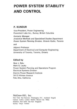 Power system stability and control by prabha kundur | PDF