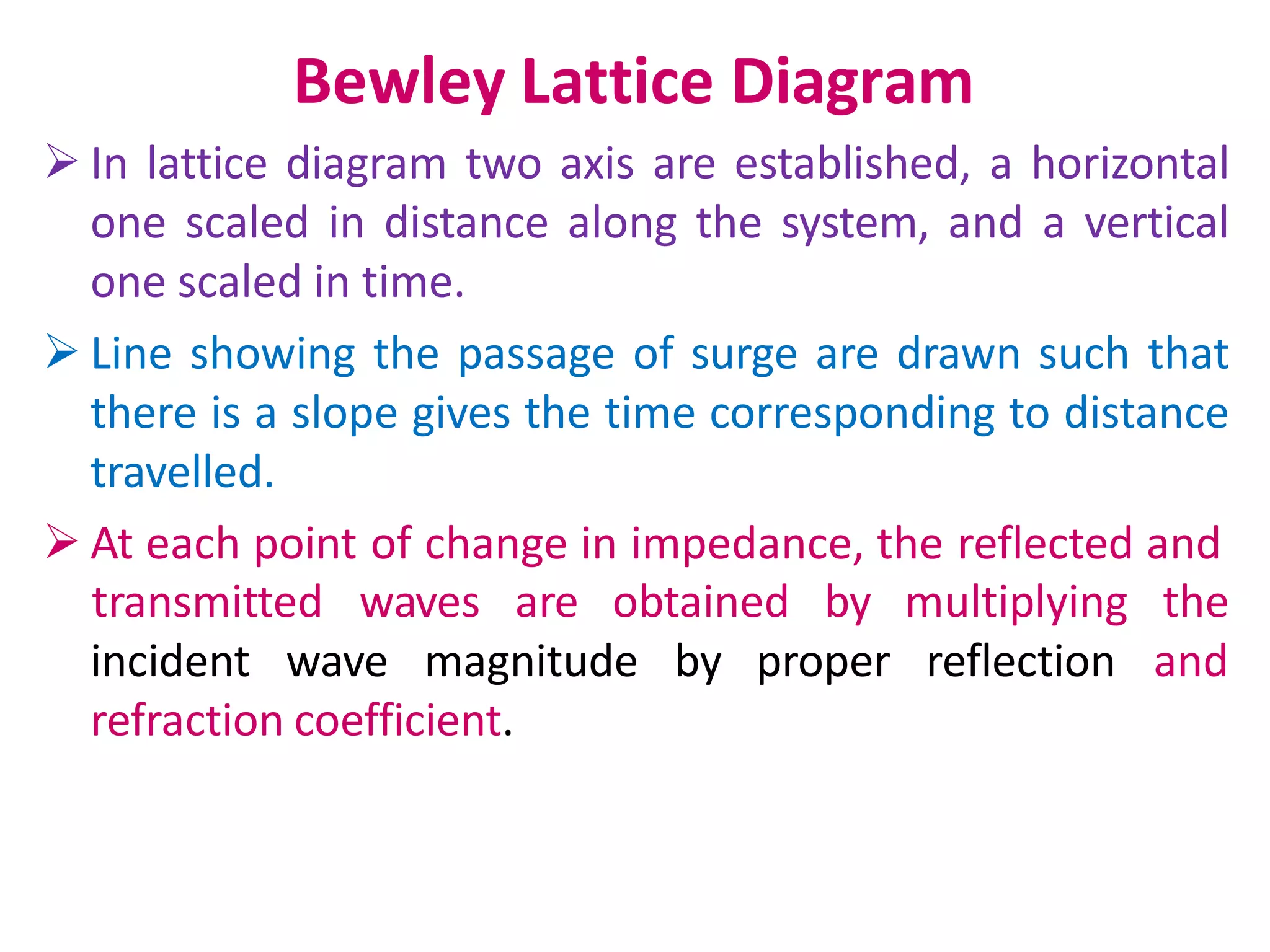 Bewley Lattice Diagram
 In lattice diagram two axis are established, a horizontal
one scaled in distance along the system, and a vertical
one scaled in time.
 Line showing the passage of surge are drawn such that
there is a slope gives the time corresponding to distance
travelled.
 At each point of change in impedance, the reflected and
incident wave magnitude by proper reflection
transmitted waves are obtained by multiplying the
and
refraction coefficient.
 