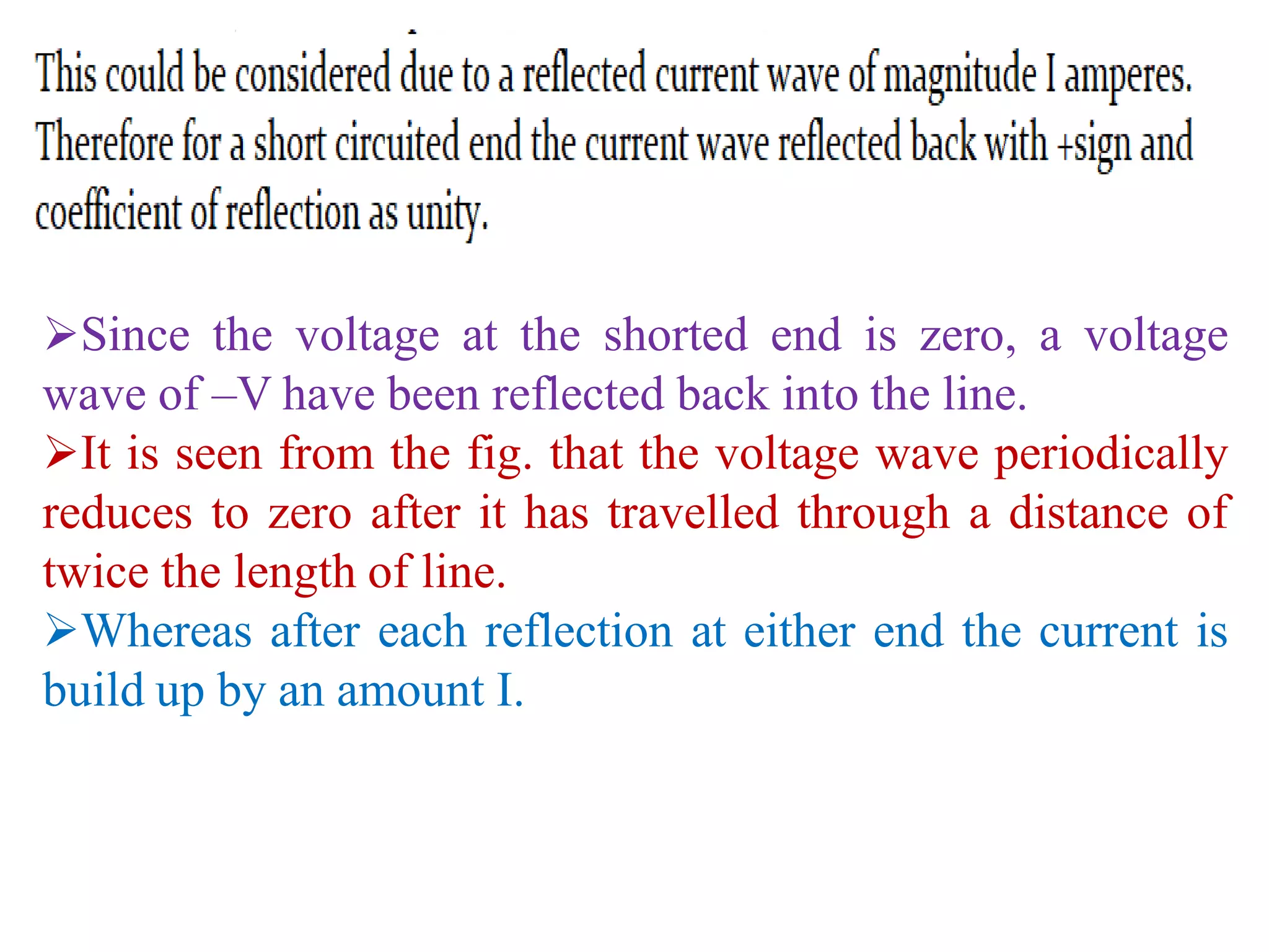 Since the voltage at the shorted end is zero, a voltage
wave of –V have been reflected back into the line.
It is seen from the fig. that the voltage wave periodically
reduces to zero after it has travelled through a distance of
twice the length of line.
Whereas after each reflection at either end the current is
build up by an amount I.
 