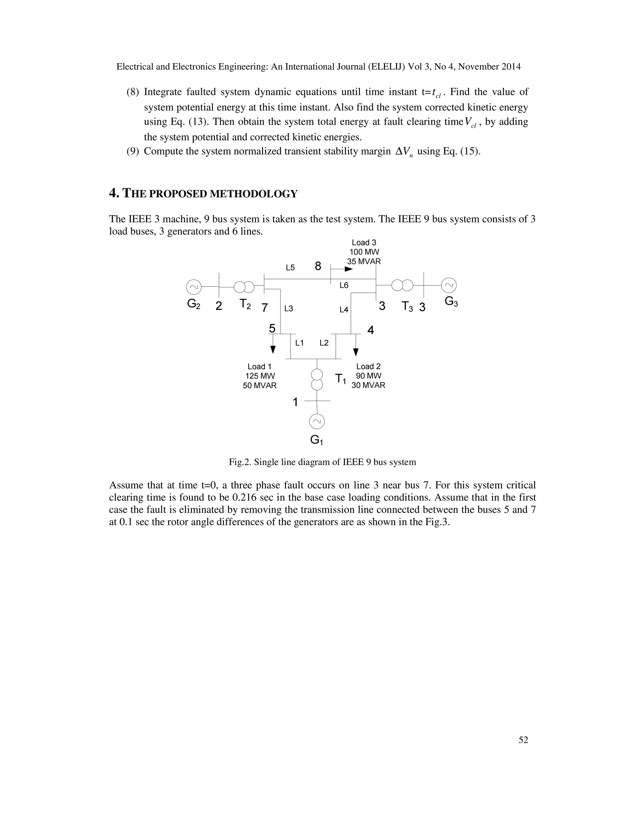 Electrical and Electronics Engineering: An International Journal (ELELIJ) Vol 3, No 4, November 2014 52 (8) Integrate faulted system dynamic equations until time instant t= clt . Find the value of system potential energy at this time instant. Also find the system corrected kinetic energy using Eq. (13). Then obtain the system total energy at fault clearing time clV , by adding the system potential and corrected kinetic energies. (9) Compute the system normalized transient stability margin nV∆ using Eq. (15). 4. THE PROPOSED METHODOLOGY The IEEE 3 machine, 9 bus system is taken as the test system. The IEEE 9 bus system consists of 3 load buses, 3 generators and 6 lines. Fig.2. Single line diagram of IEEE 9 bus system Assume that at time t=0, a three phase fault occurs on line 3 near bus 7. For this system critical clearing time is found to be 0.216 sec in the base case loading conditions. Assume that in the first case the fault is eliminated by removing the transmission line connected between the buses 5 and 7 at 0.1 sec the rotor angle differences of the generators are as shown in the Fig.3. 