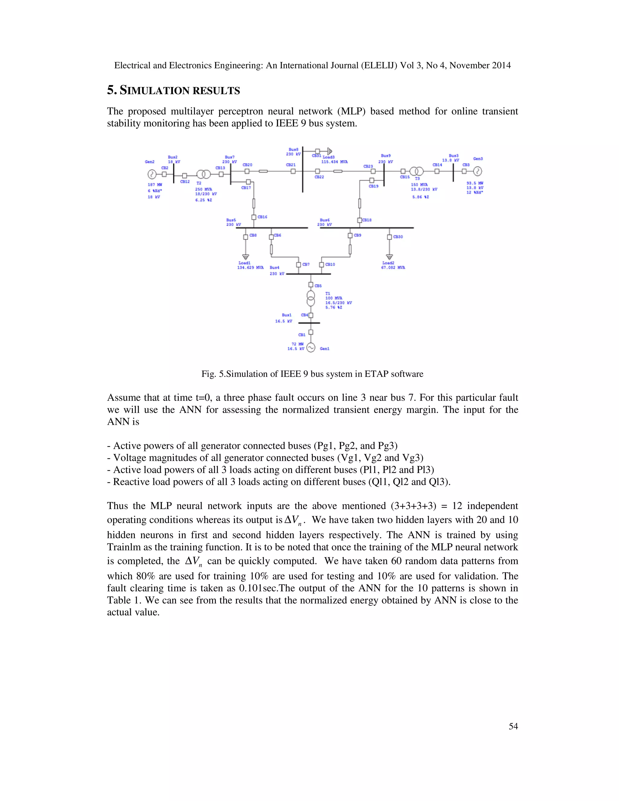 Electrical and Electronics Engineering: An International Journal (ELELIJ) Vol 3, No 4, November 2014 54 5. SIMULATION RESULTS The proposed multilayer perceptron neural network (MLP) based method for online transient stability monitoring has been applied to IEEE 9 bus system. Fig. 5.Simulation of IEEE 9 bus system in ETAP software Assume that at time t=0, a three phase fault occurs on line 3 near bus 7. For this particular fault we will use the ANN for assessing the normalized transient energy margin. The input for the ANN is - Active powers of all generator connected buses (Pg1, Pg2, and Pg3) - Voltage magnitudes of all generator connected buses (Vg1, Vg2 and Vg3) - Active load powers of all 3 loads acting on different buses (Pl1, Pl2 and Pl3) - Reactive load powers of all 3 loads acting on different buses (Ql1, Ql2 and Ql3). Thus the MLP neural network inputs are the above mentioned (3+3+3+3) = 12 independent operating conditions whereas its output is nV∆ . We have taken two hidden layers with 20 and 10 hidden neurons in first and second hidden layers respectively. The ANN is trained by using Trainlm as the training function. It is to be noted that once the training of the MLP neural network is completed, the nV∆ can be quickly computed. We have taken 60 random data patterns from which 80% are used for training 10% are used for testing and 10% are used for validation. The fault clearing time is taken as 0.101sec.The output of the ANN for the 10 patterns is shown in Table 1. We can see from the results that the normalized energy obtained by ANN is close to the actual value. 