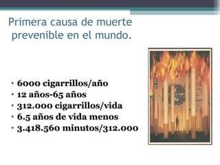 Primera causa de muerte
prevenible en el mundo.
• 6000 cigarrillos/año6000 cigarrillos/año
• 12 años-65 años12 años-65 años
• 312.000 cigarrillos/vida312.000 cigarrillos/vida
• 6.5 años de vida menos6.5 años de vida menos
• 3.418.560 minutos/312.0003.418.560 minutos/312.000
 