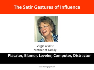 Placater, Blamer, Leveler, Computer, Distractor
Virginia Satir
Mother of Family
Therapy
www.iTrainingExpert.com
The Satir ...