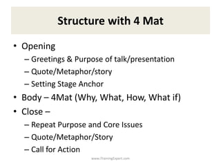 Structure with 4 Mat
• Opening
– Greetings & Purpose of talk/presentation
– Quote/Metaphor/story
– Setting Stage Anchor
• ...