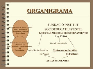 ORGANIGRAMA

                                                     FUNDACIÓ INSTITUT
 Direcció General de Menors i família
          de la Conselleria de                     SOCIOEDUCATIU S’ESTEL
        Presidència i Esport del
            Govern Balear                     EJECUTAR MEDIDAS DE INTERNAMIENTO
                                                         Ley 5/2.000

     Direcció General d’Innocació                          Llar de convivència
            i Ordenació Ed.
de la Conselleria d’Educació I Cultura
                  del
             Govern Balear Centro        Socioeducativo      Centro socioeducativo
                                              Es Pinaret                Es Fusteret

                                                     AULAS ESCOLARES
 