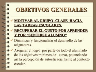 OBJETIVOS GENERALES
MOTIVAR AL GRUPO -CLASE HACIA
LAS TAREAS ESCOLARES.
RECUPERAR EL GUSTO POR APRENDER
Y POR “SENTIRSE ALUMNO”
Dinamizar y funcionalizar el desarrollo de las
asignaturas.
Asegurar el logro por parte de todo el alumnado
de los objetivos mínimos de curso, potenciando
así la percepción de autoeficacia frente al contexto
escolar.
 