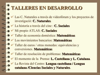 TALLERES EN DESARROLLO
 Las C. Naturales a través de videofórum y los proyectos de
 investigació: C. Naturales.
                   Naturales
 La historia a través del cine : C. Sociales
 Mi propio ATLAS: C. Sociales
 Taller de economia doméstica: Matemáticas
 Los movimientos bancarios: Matemáticas
 Taller de euros / otras monedas: equivalencias y
 conversiones. Matemáticas
 Taller de resolución de problemas: Matemáticas
 El momento de la Prensa: L. Castellana y L. Catalana.
                                                Catalana
 La Revista del Centro: Lengua castellana / Lengua
 catalana /Ciencias Sociales y Naturales.
                                  Naturales
 