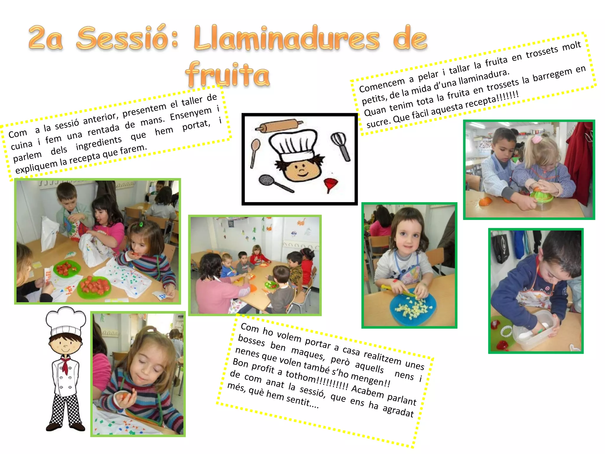 o lt
                                                                                                                                               se t s m
                                                                                                                                      e n tros
                                                                                                                              fruita
                                                                                                              r i t  allar la dura.              egem
                                                                                                                                                          en
                                                                                                    cem a pela na llamina           et s la barr
                                                                                             Comen e la mida d’u ita en tross !
                                                                                                    d             f ru              !!!
                                                    ller de                                  petits, nim tota la a recepta!!!
                                       ente m el ta em i                                            t e             st
                             r, p re s           se n y                                       Quan ue fàcil aque
                 si ó anterio de mans. En rtat, i                                             sucre .Q
          la ses           ada                    po
Com a em una rent ts que hem
        i f           gredien
cuina       d els in a que farem.
 parlem              cept
     lique  m l a re
 exp




                                                                  Com h
                                                                         o vole
                                                                 bosse
                                                                       s ben m portar a
                                                                nenes           m         ca
                                                                       que vo aques, pe sa realitze
                                                               Bon p          l en t a    rò aq       m une
                                                                     ro               m         ue          s
                                                              de co fit a totho bé s’ho me lls nens
                                                                    m                m         n            i
                                                              més, q anat la se !!!!!!!!!! Ac gen!!
                                                                    uè he            s        abem
                                                                           m sen sió, que e         p
                                                                                  tit....    ns ha arlant
                                                                                                   agrad
                                                                                                         at
 