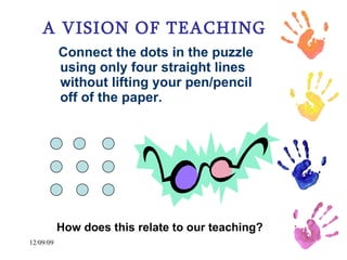 A VISION OF TEACHING Connect the dots in the puzzle using only four straight lines without lifting your pen/pencil off of the paper. How does this relate to our teaching? 