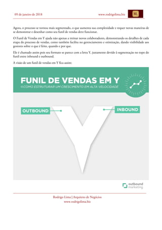09 de janeiro de 2018 www.rodrigolima.biz
Rodrigo Lima | Arquiteto de Negócios
www.rodrigolima.biz
Agora, o processo se tornou mais segmentado, o que aumenta sua complexidade e requer novas maneiras de
se demonstrar e desenhar como seu funil de vendas deve funcionar.
O Funil de Vendas em Y ajuda não apenas a treinar novos colaboradores, demonstrando os detalhes de cada
etapa do processo de vendas, como também facilita no gerenciamento e otimização, dando visibilidade aos
gestores sobre o que é feito, quando e por que.
Ele é chamado assim pois seu formato se parece com a letra Y, justamente devido à segmentação no topo do
funil entre inbound e outbound.
A visão de um funil de vendas em Y fica assim:
 