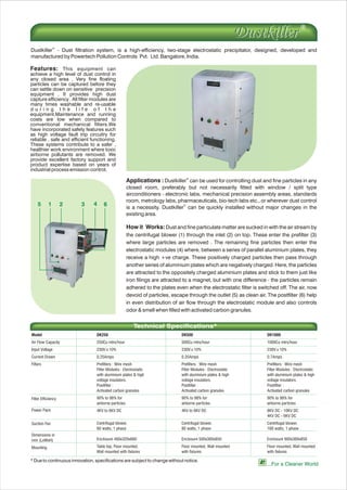 1 2 3 45 6
Features: This equipment can
achieve a high level of dust control in
any closed area . Very fine floating
particles can be captured before they
can settle down on sensitive precision
equipment . It provides high dust
capture efficiency . All filter modules are
many times washable and re-usable
d u r i n g t h e l i f e o f t h e
equipment.Maintenance and running
costs are low when compared to
conventional mechanical filters.We
have incorporated safety features such
as high voltage fault trip circuitry for
reliable , safe and efficient functioning.
These systems contribute to a safer ,
healthier work environment where toxic
airborne pollutants are removed. We
provide excellent factory support and
product expertise based on years of
industrial process emission control.
Model
Air Flow Capacity
Input Voltage
Current Drawn
Filters
Filter Efficiency
Power Pack
Suction Fan
Dimensions in
mm (LxWxH)
Mounting
DK250
250Cu mtrs/hour
230V±10%
0.25Amps
Prefilters : Wire mesh
Filter Modules : Electrostatic
with aluminium plates & high
voltage insulators.
Postfilter :
Activated carbon granules
90% to 98% for
airborne particles
4KV to 6KV DC
Centrifugal blower,
60 watts, 1 phase
Enclosure 400x320x660
Table top, Floor mounted,
Wall mounted with fixtures
DK500
500Cu mtrs/hour
230V±10%
0.35Amps
Prefilters : Wire mesh
Filter Modules : Electrostatic
with aluminium plates & high
voltage insulators.
Postfilter :
Activated carbon granules
90% to 98% for
airborne particles
4KV to 6KV DC
Centrifugal blower,
80 watts, 1 phase
Enclosure 500x360x850
Floor mounted, Wall mounted
with fixtures
DK1000
1000Cu mtrs/hour
230V±10%
0.7Amps
Prefilters : Wire mesh
Filter Modules : Electrostatic
with aluminium plates & high
voltage insulators.
Postfilter :
Activated carbon granules
90% to 98% for
airborne particles
8KV DC - 10KV DC
4KV DC - 6KV DC
Centrifugal blower,
160 watts, 1 phase
Enclosure 900x360x850
Floor mounted, Wall mounted
with fixtures
Technical Specifications*
®
Dustkiller - Dust filtration system, is a high-efficiency, two-stage electrostatic precipitator, designed, developed and
manufactured by Powertech Pollution Controls Pvt. Ltd. Bangalore, India.
®
Applications : Dustkiller can be used for controlling dust and fine particles in any
closed room, preferably but not necessarily fitted with window / split type
airconditioners - electronic labs, mechanical precision assembly areas, standards
room, metrology labs, pharmaceuticals, bio-tech labs etc., or wherever dust control
®
is a necessity. Dustkiller can be quickly installed without major changes in the
existing area.
How it Works:Dust and fine particulate matter are sucked in with the air stream by
the centrifugal blower (1) through the inlet (2) on top. These enter the prefilter (3)
where large particles are removed . The remaining fine particles then enter the
electrostatic modules (4) where, between a series of parallel aluminium plates, they
receive a high +ve charge. These positively charged particles then pass through
another series of aluminium plates which are negatively charged. Here, the particles
are attracted to the oppositely charged aluminium plates and stick to them just like
iron filings are attracted to a magnet, but with one difference - the particles remain
adhered to the plates even when the electrostatic filter is switched off. The air, now
devoid of particles, escape through the outlet (5) as clean air. The postfilter (6) help
in even distribution of air flow through the electrostatic module and also controls
odor & smell when filled with activated carbon granules.
* Due to continuous innovation, specifications are subject to change without notice.
...For a Cleaner World
DustkillerDustkiller
 