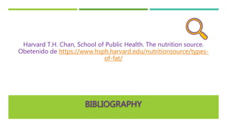 BIBLIOGRAPHY
Harvard T.H. Chan, School of Public Health. The nutrition source.
Obetenido de https://www.hsph.harvard.edu/nutritionsource/types-
of-fat/
 