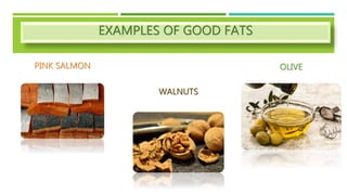 EXAMPLES OF GOOD FATS
PINK SALMON OLIVE
WALNUTS
 
