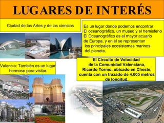 LUGARES DE INTERÉS Ciudad de las Artes y de las ciencias Es un lugar donde podemos encontrar El oceanográfico, un museo y el hemisferio El Oceanográfico es el mayor acuario de Europa, y en él se representan los principales ecosistemas marinos del planeta.  Valencia: También es un lugar hermoso para visitar. El Circuito de Velocidad de la Comunidad Valenciana, Ricardo Tormo, ubicado en Cheste, cuenta con un trazado de 4.005 metros de longitud. 