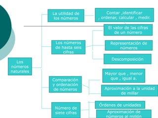 La utilidad de        Contar ,identificar
             los números     , ordenar, calcular , medir.

                                  El valor de las cifras
                                     de un número

             Los números           Representación de
             de hasta seis             números
                 cifras
                                    Descomposición
   Los
números
naturales
                                Mayor que , menor
            Comparación           que , igual a.
            y ordenación
            de números          Aproximación a la unidad
                                       de millar


                             Órdenes de unidades
             Número de
             siete cifras        Aproximación de
                                 números al millón
 