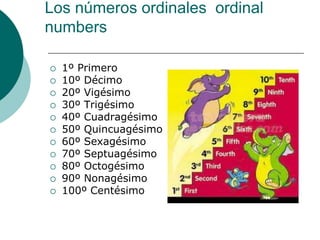 Los números ordinales ordinal
numbers

   1º Primero
   10º Décimo
   20º Vigésimo
   30º Trigésimo
   40º Cuadragésimo
   50º Quincuagésimo
   60º Sexagésimo
   70º Septuagésimo
   80º Octogésimo
   90º Nonagésimo
   100º Centésimo
 