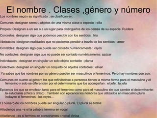 El nombre . Clases ,género y número
Los nombres según su significado , se clasifican en:

Comunes: designan seres u objetos de una misma clase o especie : silla

Propios: Designan a un ser o a un lugar para distinguirlos de los demás de su especie: Ruidera

Concretos: designan algo que podemos percibir con los sentidos : frío

Abstractos :designan realidades que no podemos percibir a través de los sentidos : amor

Contables: designan algo que puede ser contado numéricamente : cajón

No contables: designan algo que no puede ser contado numéricamente: azúcar

Individuales : designan en singular un solo objeto contable : planta

Colectivos: designan en singular un conjunto de objetos contables: olivar

Ya sabes que los nombres por su género pueden ser masculinos o femeninos. Pero hay nombres que son:

Comunes en cuanto al género los que refiriéndose a personas tienen la misma forma para el masculino y el
  femenino y solo se diferencian por el determinante que los acompañan : el jefe , la jefa

Epicenos los que se emplean tanto para el femenino como para el masculino sin que cambie el determinante:
   la estudiante (chica y chico) . También son epicenos los nombres que utilizados en masculino plural
   incluyen el femeninos : los reyes…

El número de los nombres puede ser singular o plural. El plural se forma:

Añadiendo una –s si la palabra termina en vocal

Añadiendo –es si termina en consonantes o vocal tónica
 