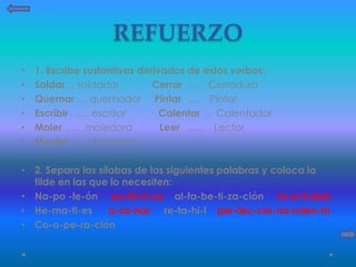 REFUERZO
• 1. Escribe sustantivos derivados de estos verbos:
• Soldar… soldador Cerrar …. Cerradura
• Quemar … quemador Pintar …. Pintor
• Escribir …. escritor Calentar .. Calentador
• Moler …. moledora Leer ….. Lector
• Montar .. Montador
• 2. Separa las sílabas de las siguientes palabras y coloca la
tilde en las que lo necesiten:
• Na-po -le-ón eu-fó-ri-co al-fa-be-ti-za-ción re-a-li-dad
• He-ma-ti-es a-za-har re-ta-hi-l per-fec-cio-na-mien-to
• Co-o-pe-ra-ción
 