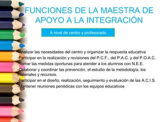 FUNCIONES DE LA MAESTRA DE
APOYO A LA INTEGRACIÓN
-Analizar las necesidades del centro y organizar la respuesta educativa
-Participar en la realización y revisiones del P.C.F., del P.A.C. y del P.O.A.C.
-Tomar las medidas oportunas para atender a los alumnos con N.E.E.
-Colaborar y coordinar las prevención, el estudio de la metodología, los
materiales y recursos.
-Participar en el diseño, realización, seguimiento y evaluación de las A.C.I.S.
-Mantener reuniones periódicas con los equipos educativos
A nivel de centro y profesorado
 