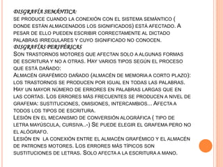 DISGRAFÍA SEMÁNTICA:
SE PRODUCE CUANDO LA CONEXIÓN CON EL SISTEMA SEMÁNTICO (
DONDE ESTÁN ALMACENADOS LOS SIGNIFICADOS) ESTÁ AFECTADO. A
PESAR DE ELLO PUEDEN ESCRIBIR CORRECTAMENTE AL DICTADO
PALABRAS IRREGULARES Y CUYO SIGNIFICADO NO CONOCEN.
DISGRAFÍAS PERIFÉRICAS
SON TRASTORNOS MOTORES QUE AFECTAN SOLO A ALGUNAS FORMAS
DE ESCRITURA Y NO A OTRAS. HAY VARIOS TIPOS SEGÚN EL PROCESO
QUE ESTÁ DAÑADO:
ALMACÉN GRAFÉMICO DAÑADO (ALMACÉN DE MEMORIA A CORTO PLAZO):
LOS TRASTORNOS SE PRODUCEN POR IGUAL EN TODAS LAS PALABRAS.
HAY UN MAYOR NÚMERO DE ERRORES EN PALABRAS LARGAS QUE EN
LAS CORTAS. LOS ERRORES MÁS FRECUENTES SE PRODUCEN A NIVEL DE
GRAFEMA: SUSTITUCIONES, OMISIONES, INTERCAMBIOS... AFECTA A
TODOS LOS TIPOS DE ESCRITURA.
LESIÓN EN EL MECANISMO DE CONVERSIÓN ALOGRÁFICA ( TIPO DE
LETRA MAYÚSCULA, CURSIVA..-) SE PUEDE ELEGIR EL GRAFEMA PERO NO
EL ALÓGRAFO.
LESIÓN EN LA CONEXIÓN ENTRE EL ALMACÉN GRAFÉMICO Y EL ALMACÉN
DE PATRONES MOTORES. LOS ERRORES MÁS TÍPICOS SON
SUSTITUCIONES DE LETRAS. SOLO AFECTA A LA ESCRITURA A MANO.
 