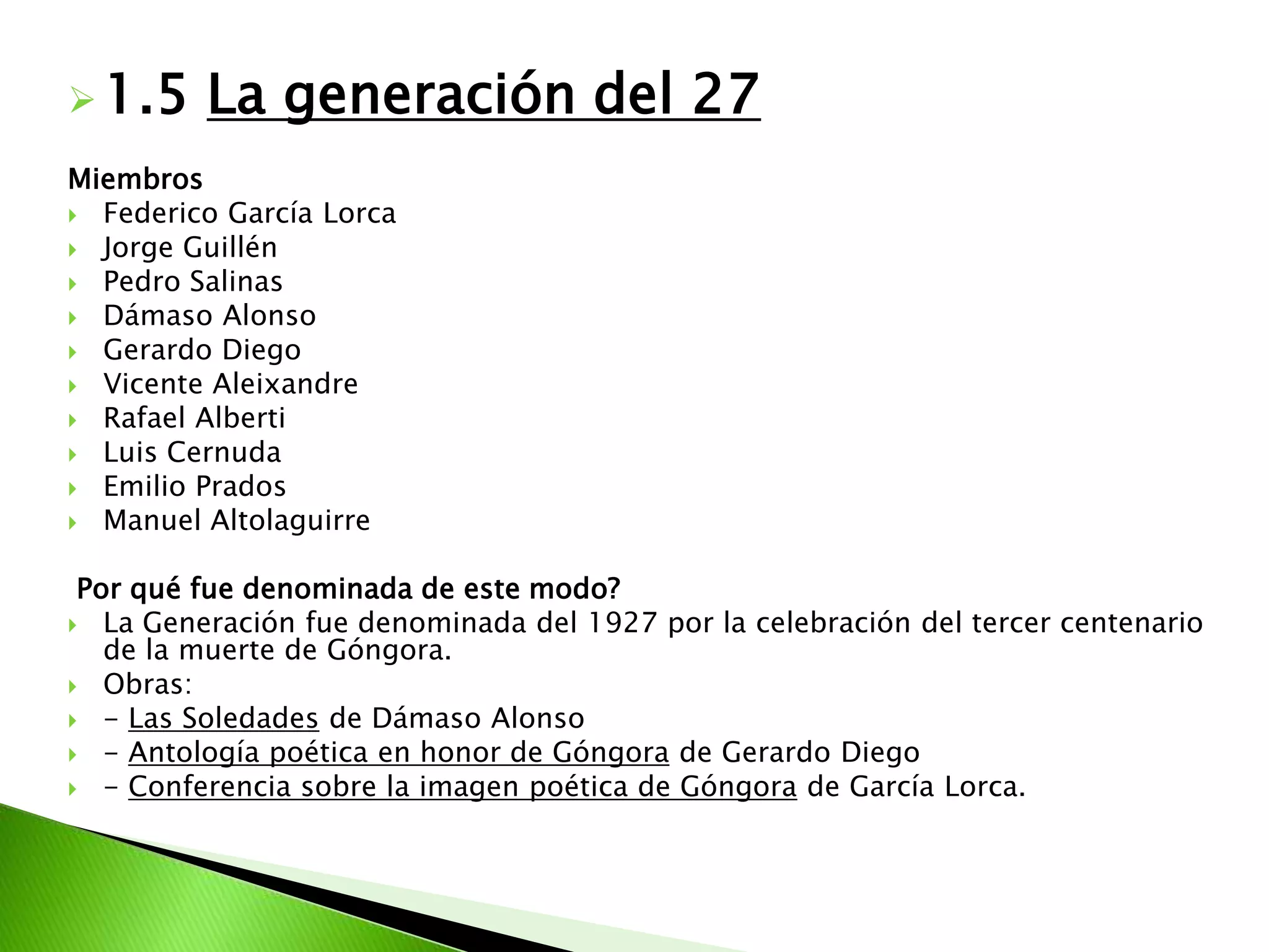 s.XX Diversos períodos literarios dividido en dos granes bloques y uno de menor importancia entre estos dos:Antes de la Guerra Civil-Modernismo y Grupo del 98-El novecentismo y las vanguardias-La Generación del 98Durante la Guerra Civil-1930. Literatura de Guerra Después de la Guerra Civil (literatura del exilio)-1940 .Literatura oficial triunfalista y otra pesimista y existencial-1950. Literatura realista y testimonial-1960. Nuevas corrientes experimentales-1980. Literatura con un tono más eléctrico, más variedad.