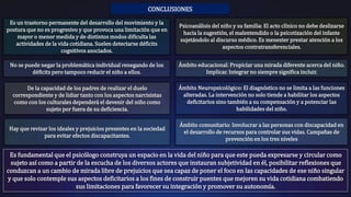 CONCLUSIONES
Es fundamental que el psicólogo construya un espacio en la vida del niño para que este pueda expresarse y circular como
sujeto así como a partir de la escucha de los diversos actores que instauran subjetividad en él, posibilitar reflexiones que
conduzcan a un cambio de mirada libre de prejuicios que sea capaz de poner el foco en las capacidades de ese niño singular
y que solo contemple sus aspectos deficitarios a los fines de construir puentes que mejoren su vida cotidiana combatiendo
sus limitaciones para favorecer su integración y promover su autonomía.
Es un trastorno permanente del desarrollo del movimiento y la
postura que no es progresivo y que provoca una limitación que en
mayor o menor medida y de distintos modos dificulta las
actividades de la vida cotidiana. Suelen detectarse déficits
cognitivos asociados.
De la capacidad de los padres de realizar el duelo
correspondiente y de lidiar tanto con los aspectos narcisistas
como con los culturales dependerá el devenir del niño como
sujeto por fuera de su deficiencia.
Ámbito educacional: Propiciar una mirada diferente acerca del niño.
Implicar. Integrar no siempre significa incluir.
Ámbito Neuropsicológico: El diagnóstico no se limita a las funciones
alteradas. La intervención no solo tiende a habilitar los aspectos
deficitarios sino también a su compensación y a potenciar las
habilidades del niño.
Psicoanálisis del niño y su familia: El acto clínico no debe deslizarse
hacia la sugestión, el malentendido o la psicotización del infante
sujetándolo al discurso médico. Es menester prestar atención a los
aspectos contratransferenciales.
Ámbito comunitario: Involucrar a las personas con discapacidad en
el desarrollo de recursos para controlar sus vidas. Campañas de
prevención en los tres niveles
Hay que revisar los ideales y prejuicios presentes en la sociedad
para evitar efectos discapacitantes.
No se puede negar la problemática individual renegando de los
déficits pero tampoco reducir el niño a ellos.
 