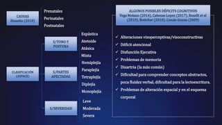 CAUSAS
Risueño (2010)
Prenatales
Perinatales
Postnatales
CLASIFICACIÓN
(ASPACE)
S/TONO Y
POSTURA
Espástica
Atetoide
Atáxica
Mixta
S/PARTES
AFECTADAS
Hemiplejía
Paraplejía
Tetraplejía
Diplejía
Monoplejía
S/SEVERIDAD
Leve
Moderada
Severa
ALGUNOS POSIBLES DÉFICITS COGNITIVOS
Vega Molano (2014), Cabezas Lopez (2017), Roselli et al
(2010), Bottcher (2010), Conde-Guzon (2009)
 Alteraciones visoperceptivas/visoconstructivas
 Déficit atencional
 Disfunción Ejecutiva
 Problemas de memoria
 Disartria (la más común)
 Dificultad para comprender conceptos abstractos,
poca fluidez verbal, dificultad para la lectoescritura.
 Problemas de alteración espacial y en el esquema
corporal
 